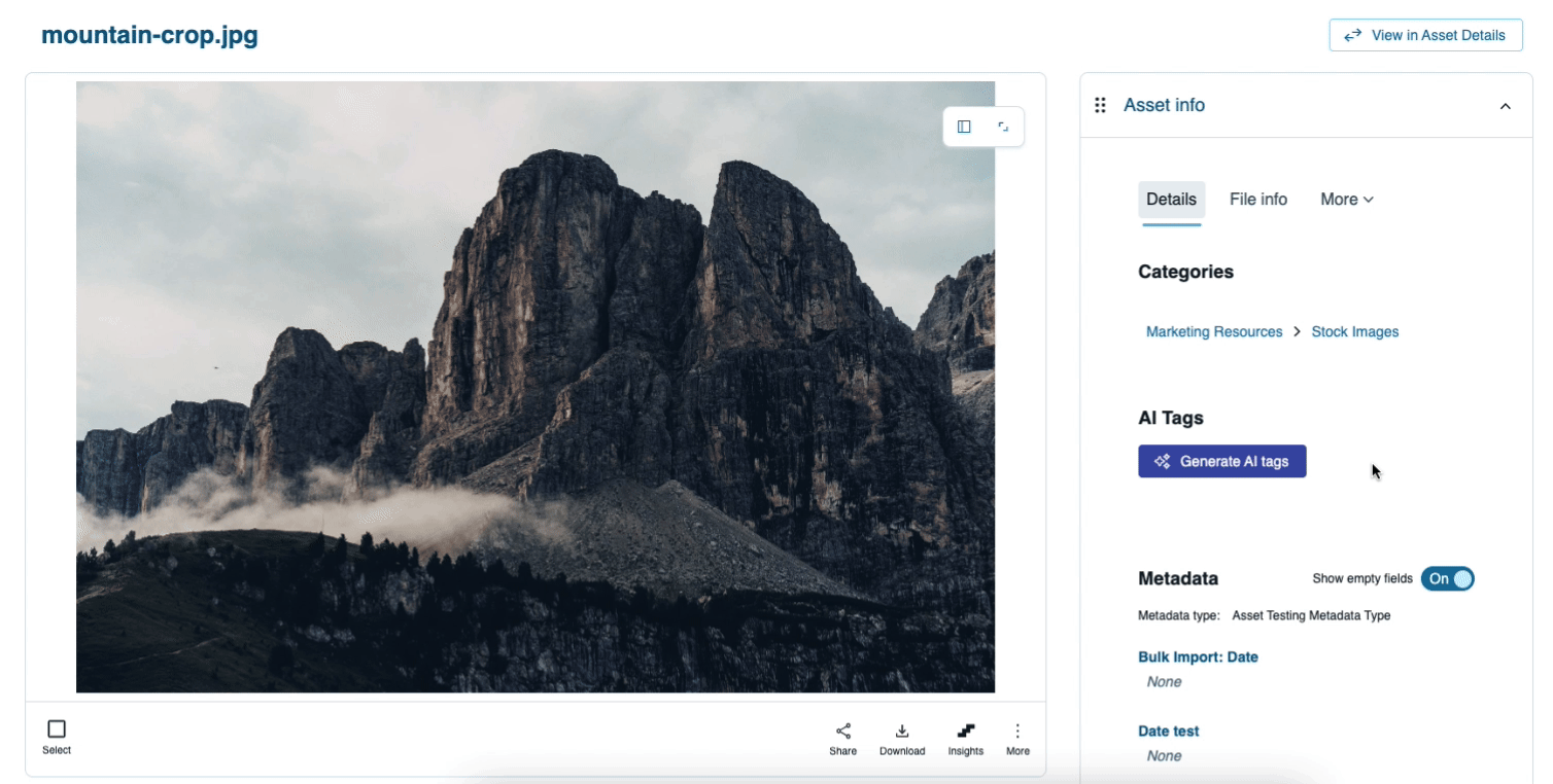 An animated GIF that shows a user clicking on a button in the Acquia DAM interface that says Generate AI Tags and then the system generates the tags describing the Acquia Dam asset which in this case is the picture of a mountain.  The system generates tags like Outdoors, Nature, Scenery, Cliff, Mountain and Peak
