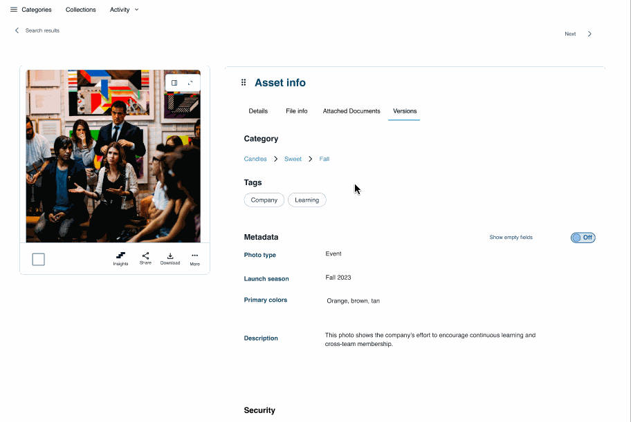 This animation shows the user working in Acquia DAM with an asset that is a picture of people sitting in group setting.  The user then hovers of a persons face and a Add Face pop-up appears, the user clicks on that and is able to tag and type the persons name to identify them.  The user is then tagged in all other assets that contain them.