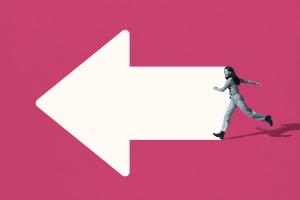 Graphic white arrow on pink background points left with black-and-white image of woman running after it