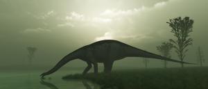 Depiction of Brontosaurus drinking from a lake in prehistoric times