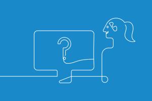 Two-color illustration of ponytailed woman in front of a computer monitor
