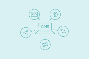 Laptop with CMS in the center with spokes leading off featuring different icons