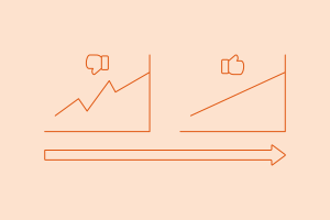 Bar graph with thumbs down next to bar graph with thumbs up