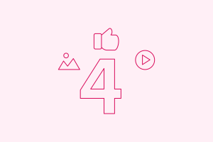 4 surrounded by icons for image, thumbs up, and video