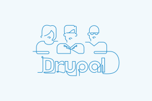 Group of three people above the word Drupal