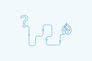 Question mark on left of winding path ending with Drupal logo