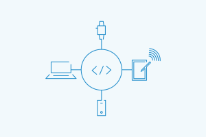 Code symbol in middle surrounded by different devices