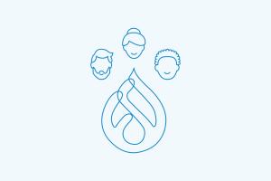 Two-color illustration of line art showing the Drupal logo and outlines of the heads of a woman and two men