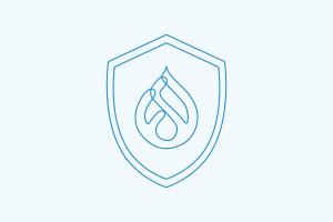 Two-color illustration of Drupal logo centered in a shield