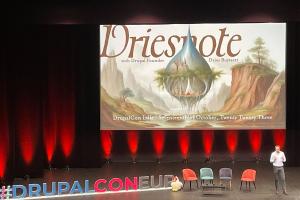 Color photo of Dries Buytaert giving his Driesnote speech at DrupalCon Lille 2023