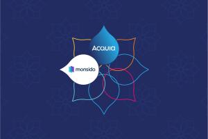 Color graphic of flower design with two petals showing the Acquia and Monsido logos