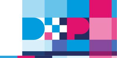 pink, blue, white, and black squares making abstract forms and spelling DXP