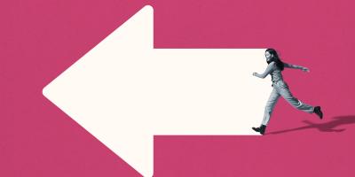 Graphic white arrow on pink background points left with black-and-white image of woman running after it