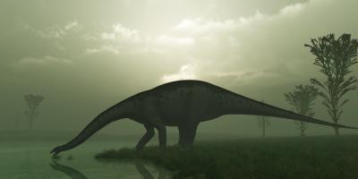 Depiction of Brontosaurus drinking from a lake in prehistoric times