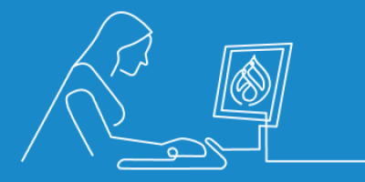 Blue and white line art of woman at desktop with the Drupal logo on the computer monitor in front of her