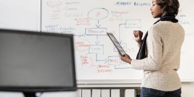 black woman on tablet in front of whiteboard 