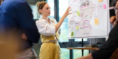 Woman gesturing at whiteboard