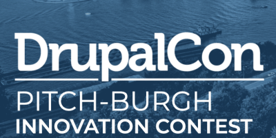 Two-color graphic promoting the 2023 DrupalCon Pitch-Burgh Innovation Contest