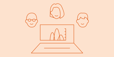 Laptop with chart surrounded by floating heads