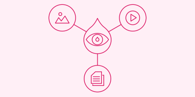 Drop in middle with eyeball surrounded by icons for image, video, and document