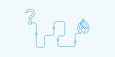 Question mark on left of winding path ending with Drupal logo