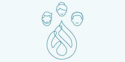 Two-color illustration of line art showing the Drupal logo and outlines of the heads of a woman and two men