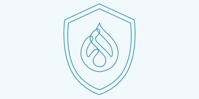 Two-color illustration of Drupal logo centered in a shield