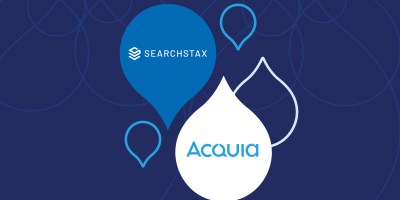 Blue background with water droplets with SearchStax and Acquia logos
