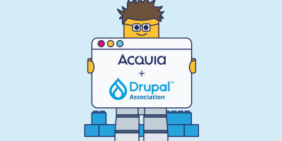 Dries lego with sign that has the DA and Acquia logos