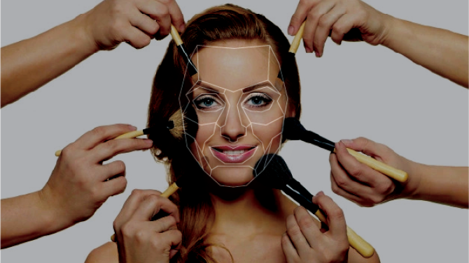 girl getting makeup put on by 6 hands