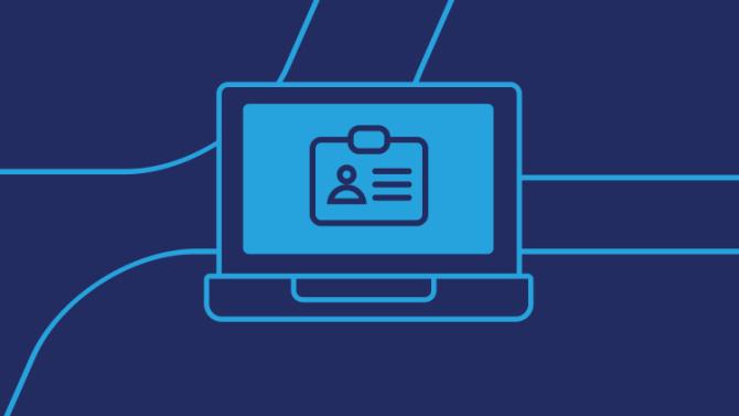 navy background with blue line art icon of credentials on a laptop