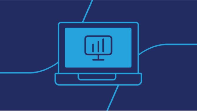 navy background with blue line art of a laptop with  analytics on the screen