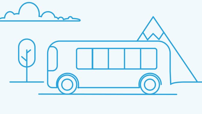 blue line art of a bus riding through the countryside