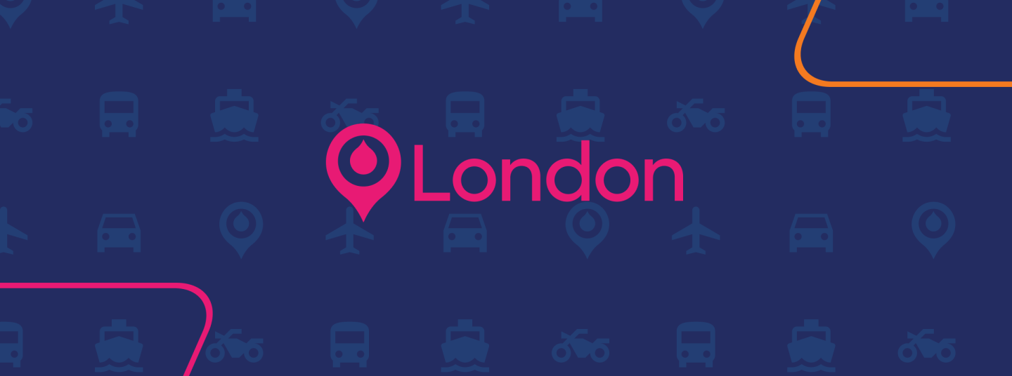 Map Pin with London Pink Text on Travel Icon Background with Pink and Orange Parallelograms