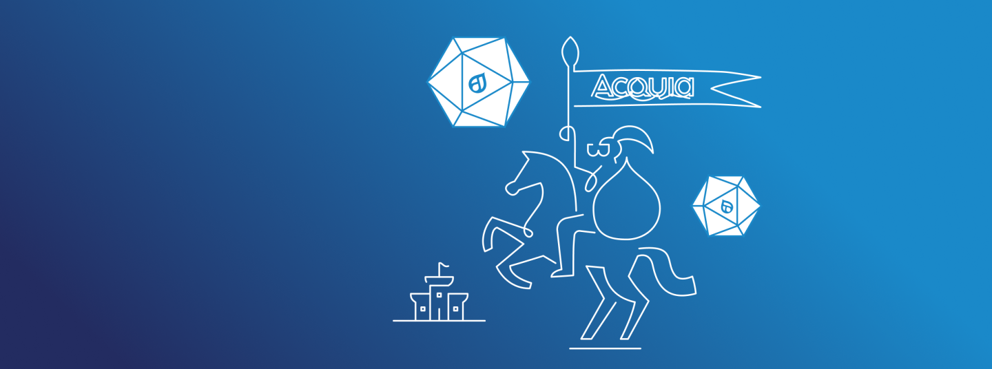 Illustration of a knight with an Acquia banner and Dungeons and Dragon Dice