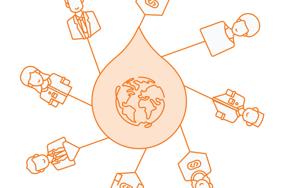 Acquia droplet with globe inside of it branching out to various people