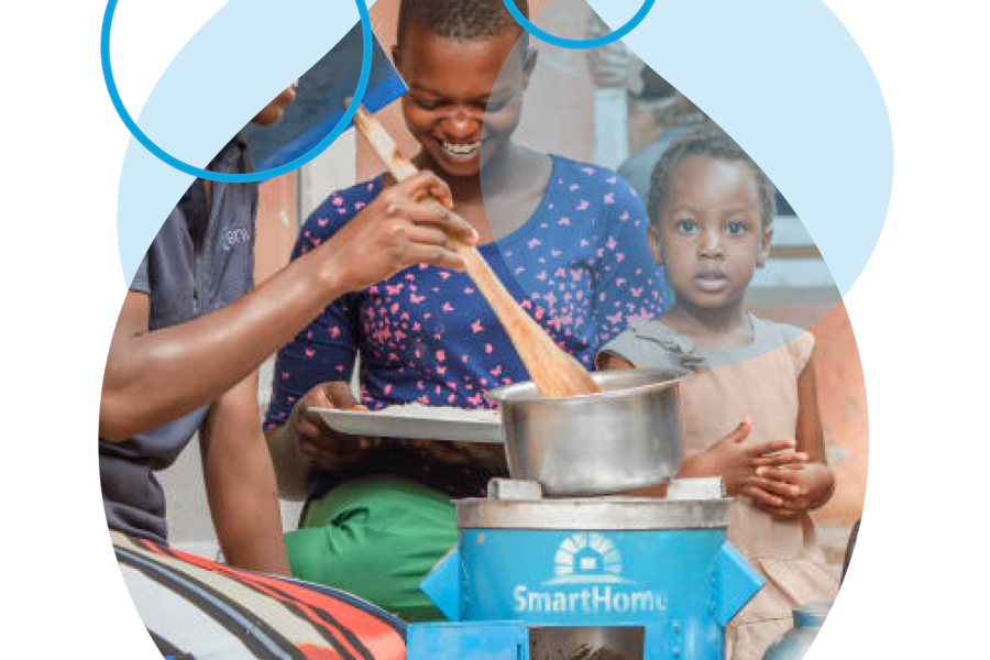 blue outlines of the acquia droplet with an image of people huddled around a one pot meal masked in an Acquia droplet