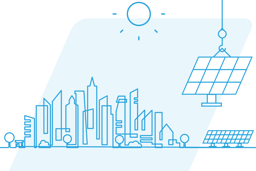 line art of a city with solar panels being installed