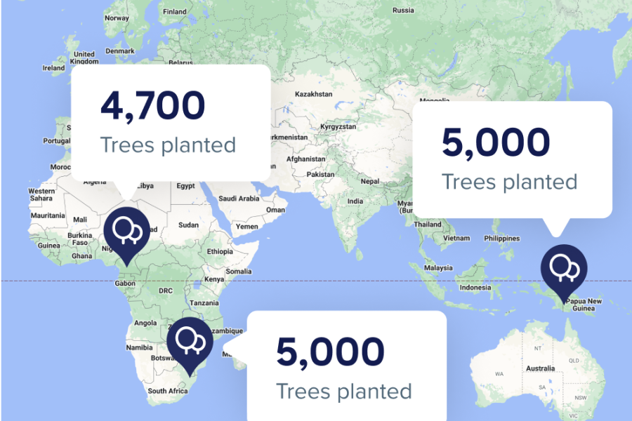 Map featuring Africa, Asia, and Austrailia that pinpoints three different locations and calls out approximately 5,000 trees planted per each location
