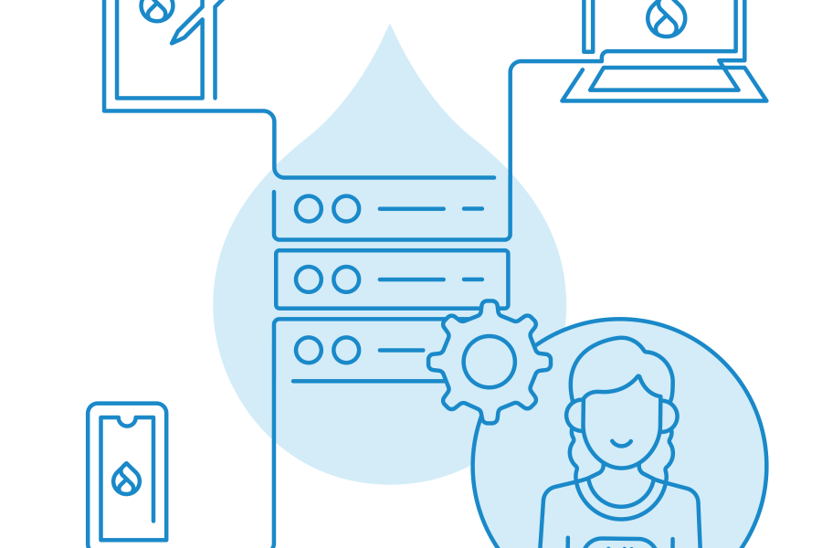 blue line art of a dev connected to a server reaching out to multiple devices