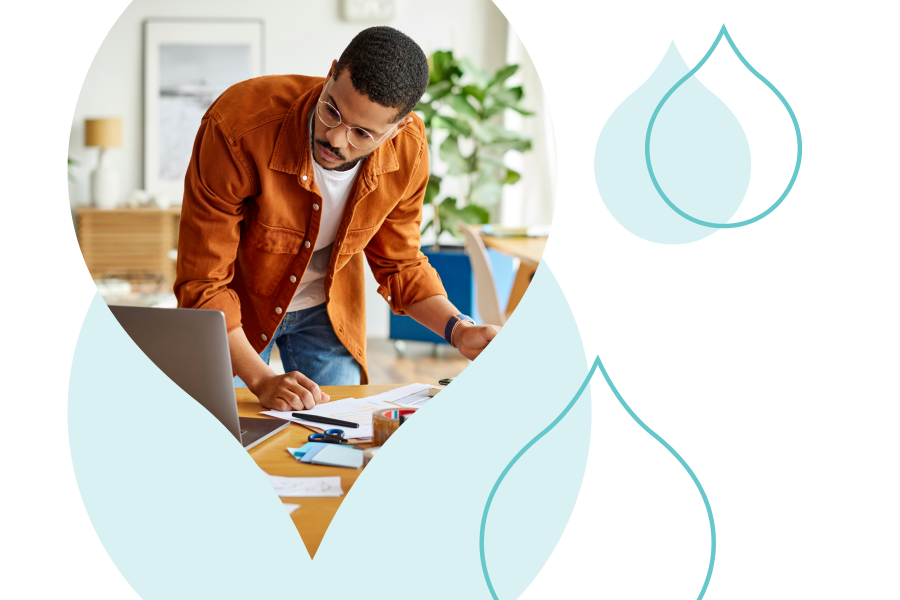 teal acquia droplets with an image of a person organize documents masked in an acquia droplet