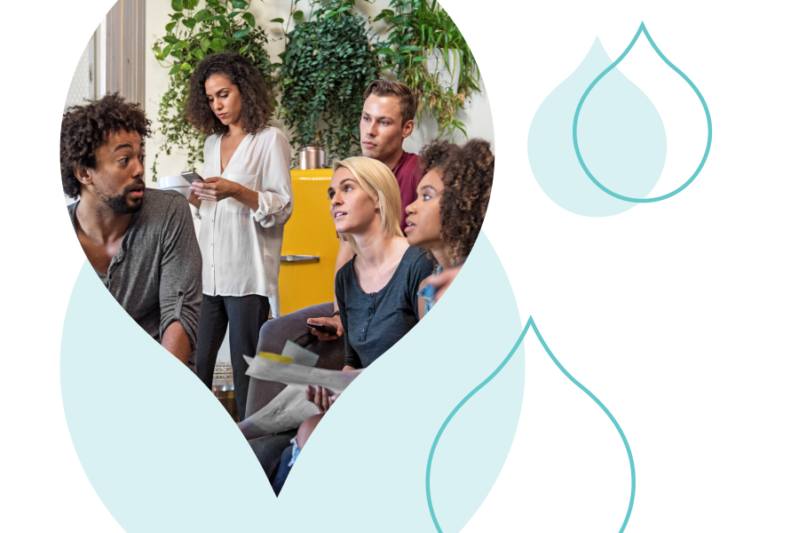 image of a group of people masked by an acquia droplet and surrounded by teal droplets