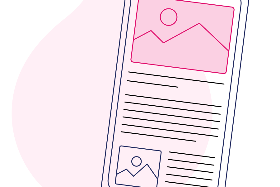 pink acquia droplet with line art of a phone with an ebook