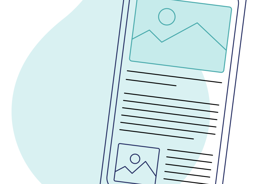 teal acquia droplet with line art of a book n a phone