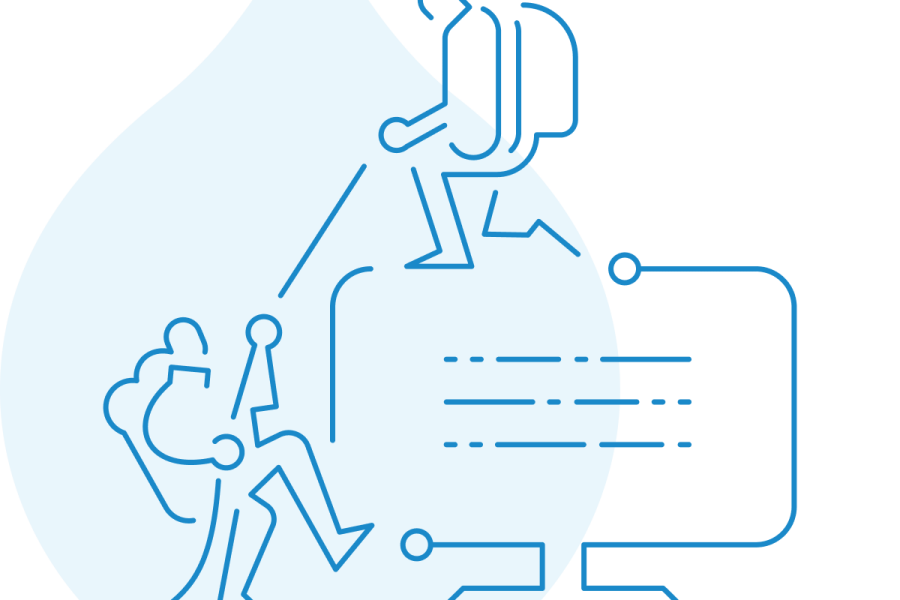 Blue line art of a hiker helping another hiker up a monitor