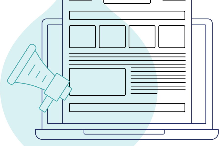 teal acquia drop with icon of a newspaper coming out of a laptop and a megaphone