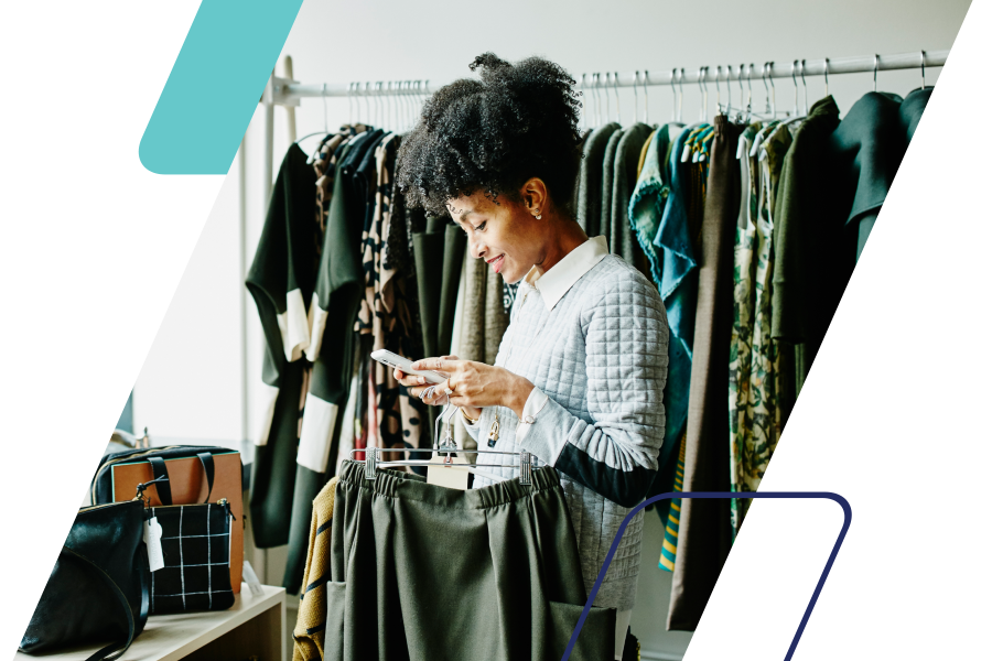 image of a woman on her phone in a store masked by a parallelogram