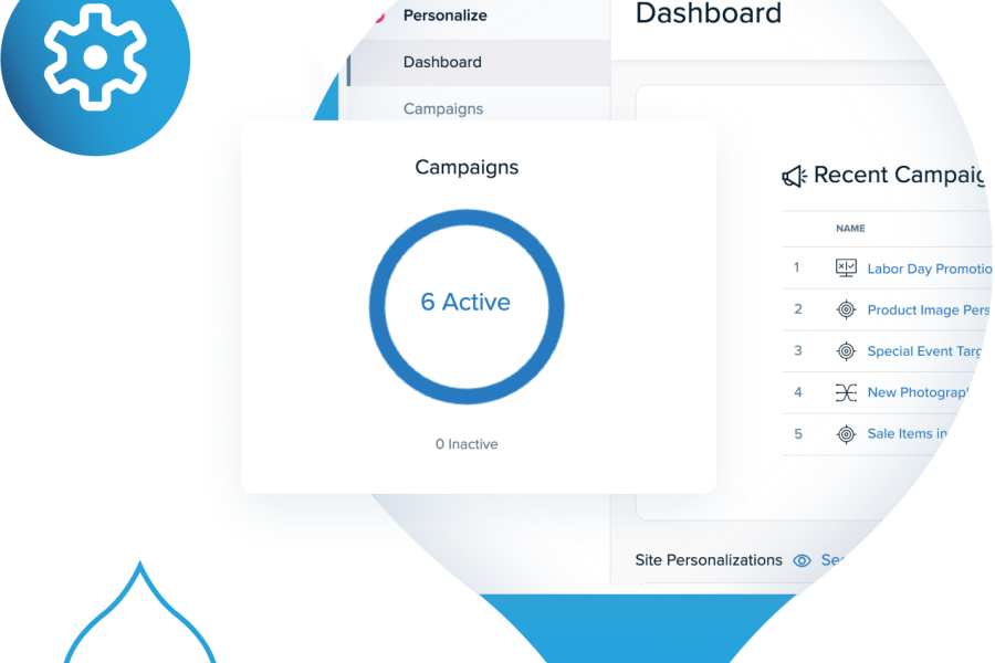 blue acquia droplets with product screenshots coming out