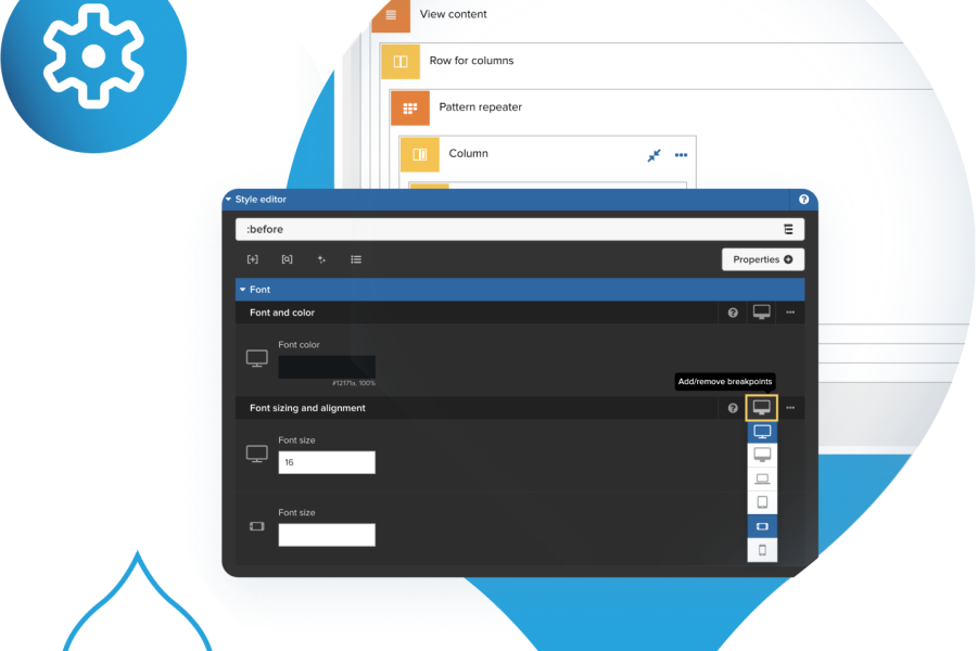 blue acquia droplet with product screenshots coming out of it