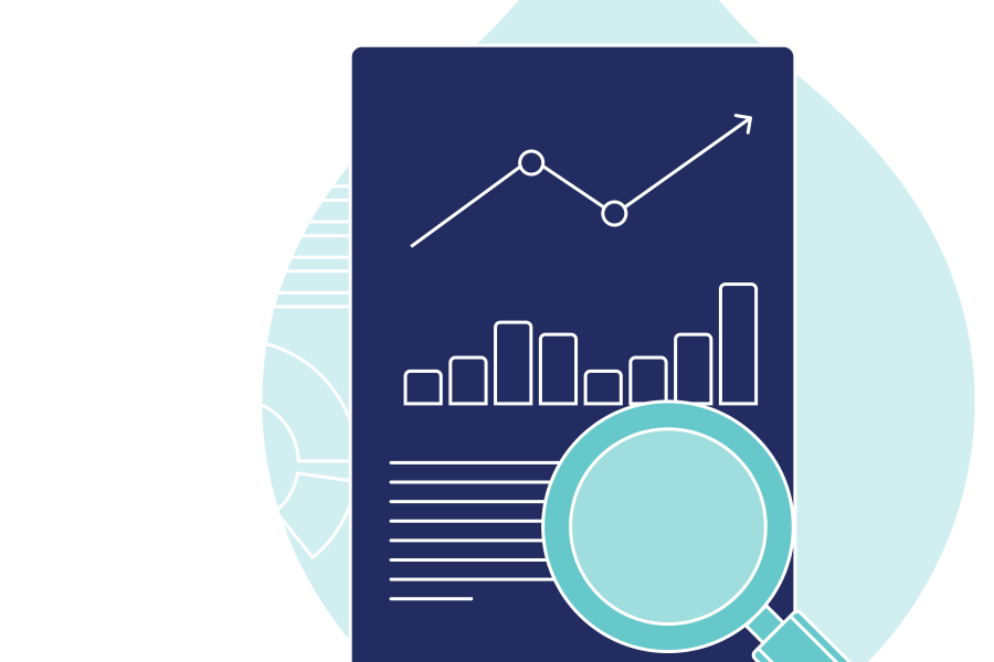 line art of two pages of metrics with a magnifying glass over it